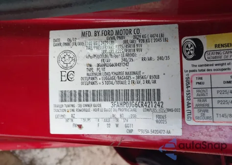 2012 Ford Fusion Sel z USA, uszkodzony, nr VIN 3FAHP0JG6CR421242